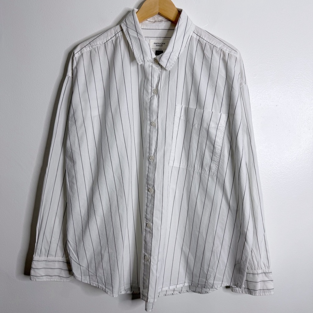 American Eagle Women's White Button Front Striped Shirt Large Oversized Dressy